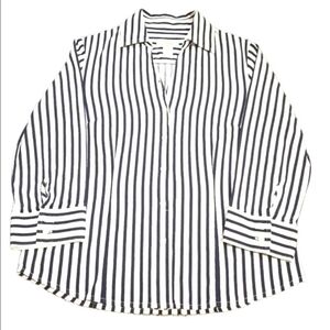 Talbots Classic Button Down Shirt White Navy Blue Nautical Stripes Long Sleeves